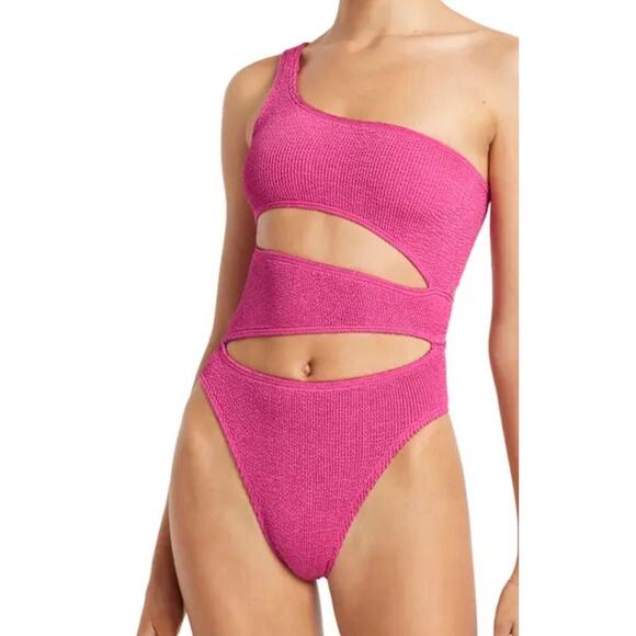 Bond Eye Rico Pink One Shoulder Cut Out One Piece Crinkle Swimsuit One Size - Picture 2 of 10